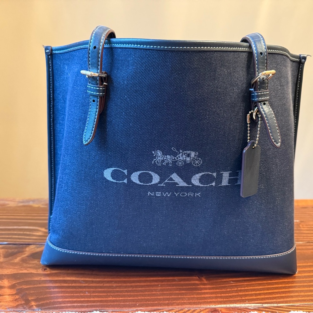 Coach Blue Leather Tote with Structured Design with matching wallet